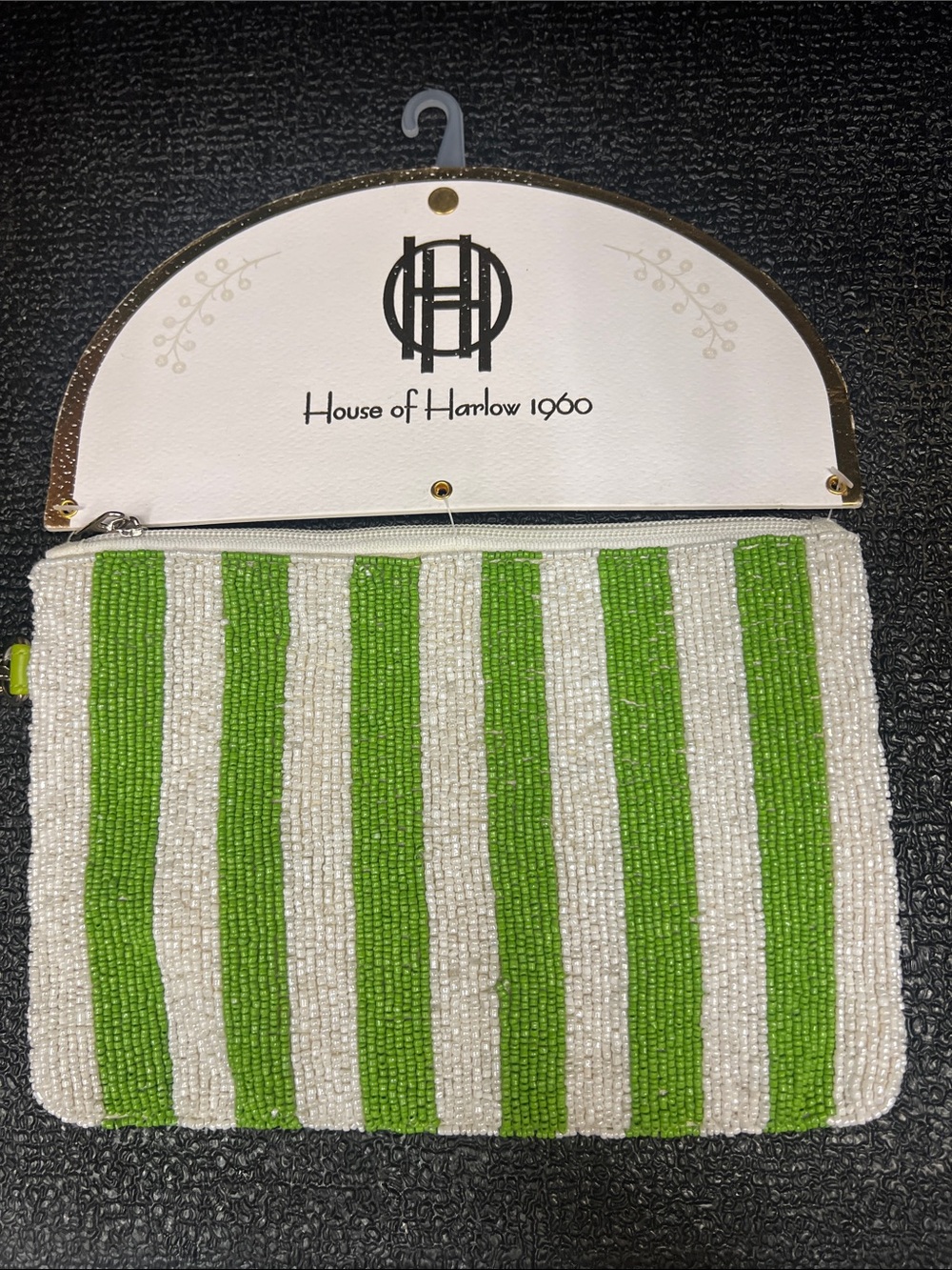 House of Harlow 1960 Green & White Striped Beaded Wristlet